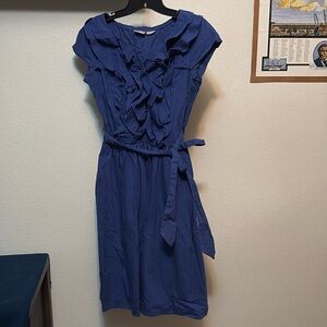eShakti women's 100% cotton ruffle neck  belt dress smock waist size 10 pockets